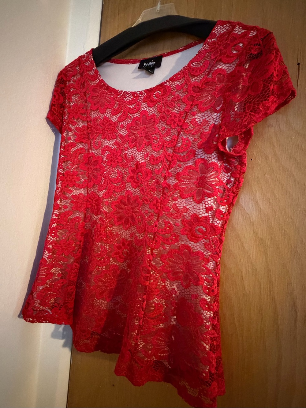 by & by Red Floral Lace Short Sleeve Top